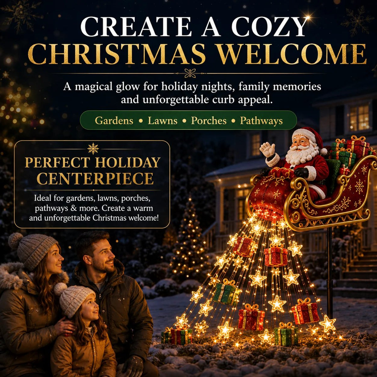✨ 2026 New Santa’s Flying Sleigh Gift Cascade – Solar Christmas Garden Light