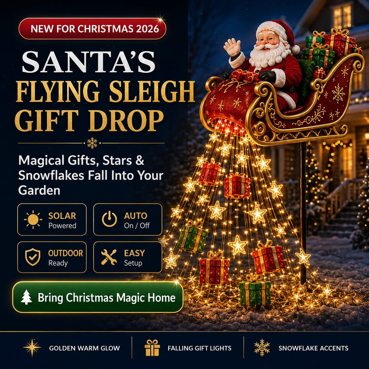 ✨ 2026 New Santa’s Flying Sleigh Gift Cascade – Solar Christmas Garden Light
