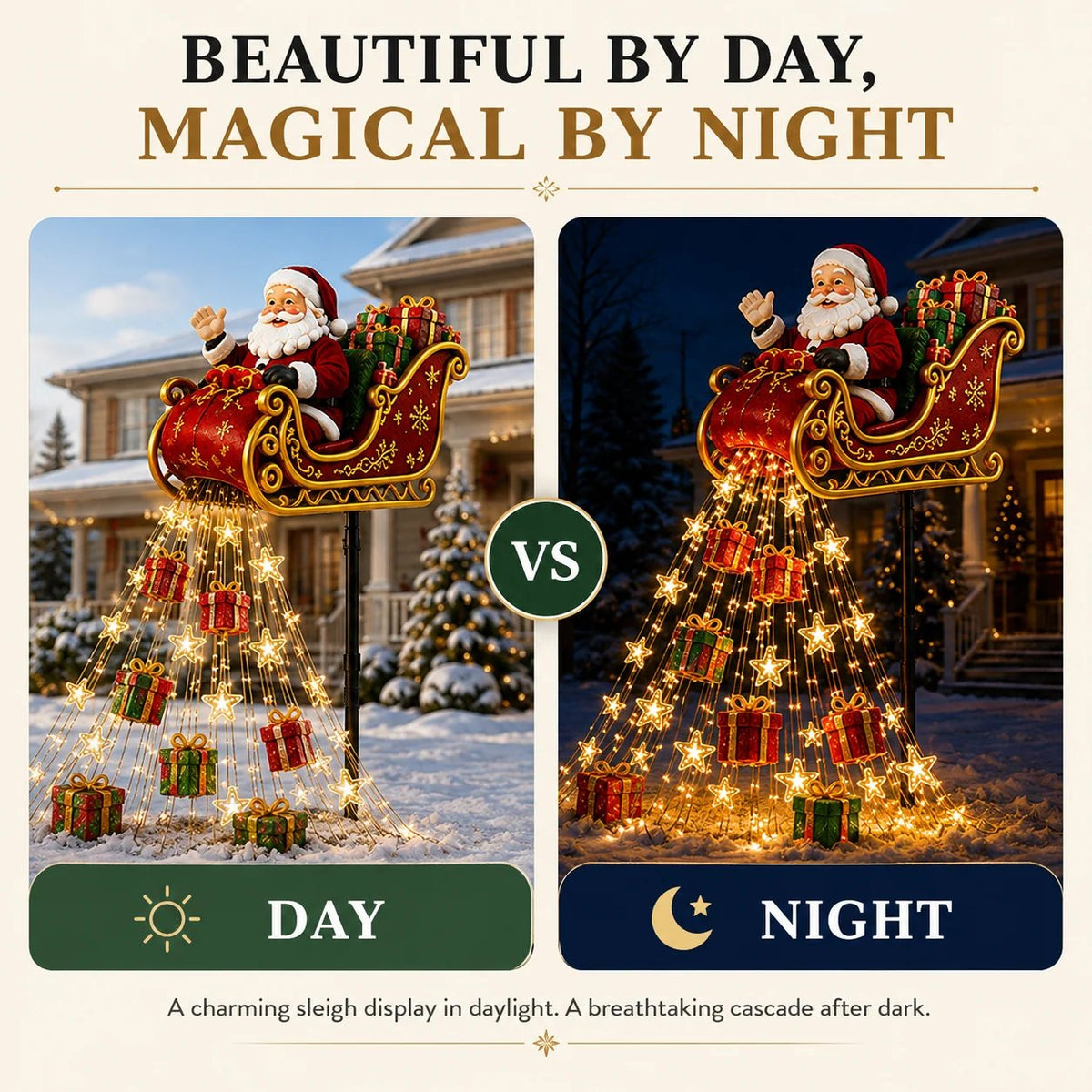 ✨ 2026 New Santa’s Flying Sleigh Gift Cascade – Solar Christmas Garden Light